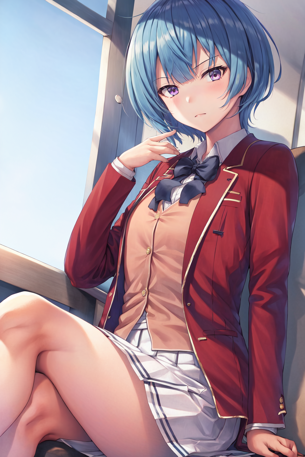 31906-3052184184-masterpiece, best quality, highres, 1girl ibuki mio short hair blue hair, white skirt red jacket open jacket  sitting, (crossed.png